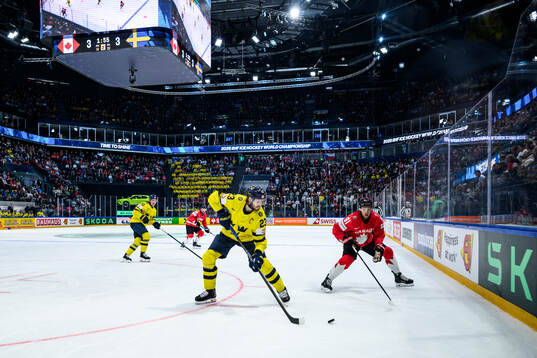 Oliver Ekman-Larsson of Sweden and Dylan Holloway of Canada