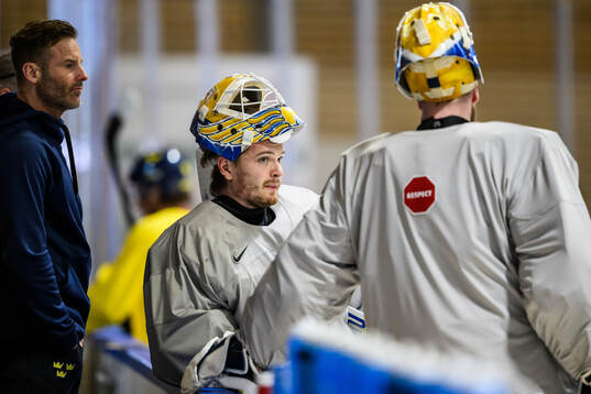 goaltender Arvid Söderblom of Sweden at a practice session