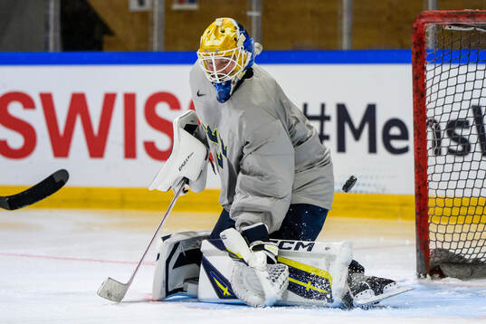 goaltender Magnus Hellberg of Sweden at a practice session