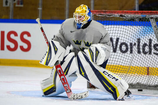 goaltender Magnus Hellberg of Sweden at a practice session