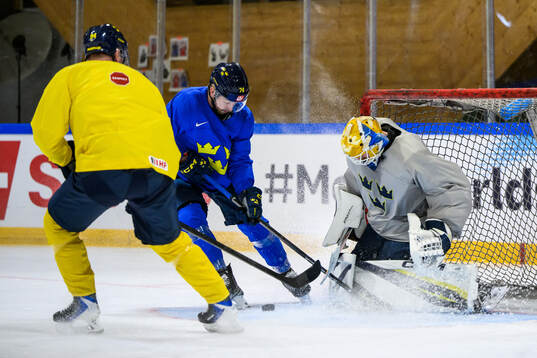 Rasmus Asplund and goaltender Magnus Hellberg of Sweden at