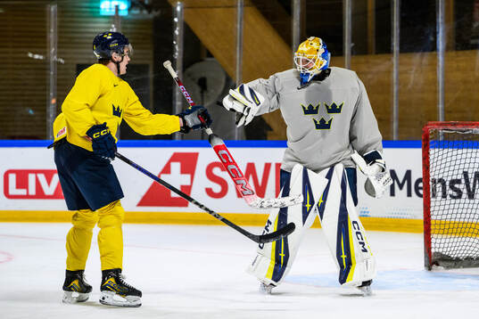 Anton Frondell and goaltender Magnus Hellberg of Sweden at