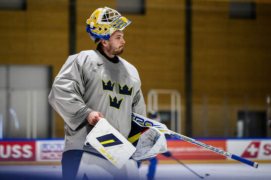 goaltender Arvid Söderblom of Sweden at a practice session