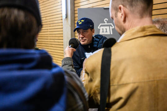 Head coach Sam Hallam of Sweden speaks to media