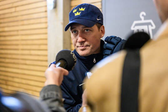 Head coach Sam Hallam of Sweden speaks to media