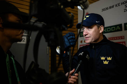 Head coach Sam Hallam of Sweden speaks to media