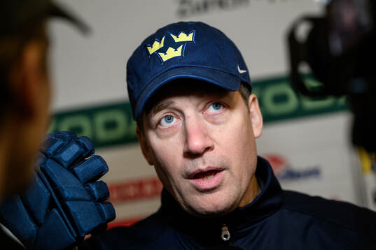 Head coach Sam Hallam of Sweden speaks to media