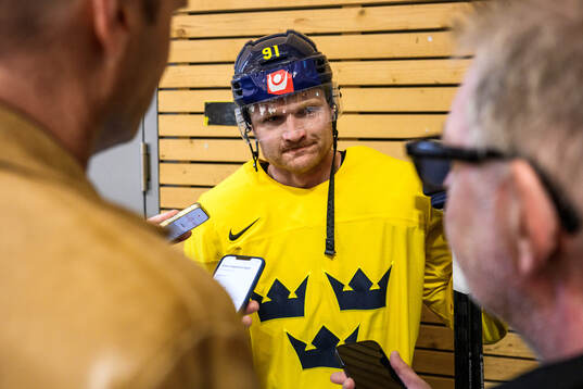 Carl Grundström of Sweden speaks to media
