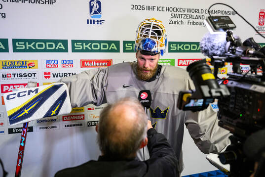 goaltender Magnus Hellberg of Sweden speaks to media