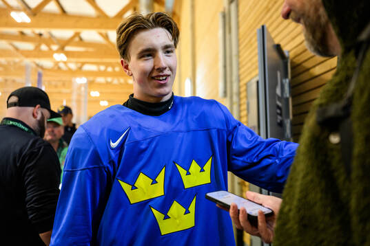 Viggo Björck of Sweden speaks to media