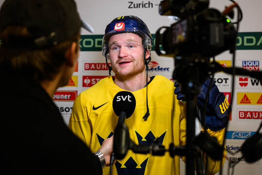 Carl Grundström of Sweden speaks to media