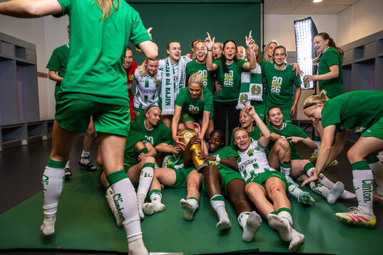 Hammarbys spelare jublar med pokalen