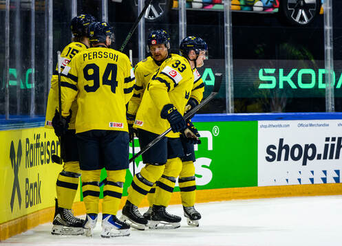 Jakob Silfverberg of Sweden celebrates with Jack Berglund.