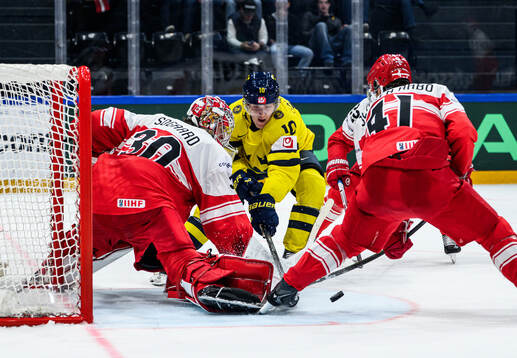 Goaltender Mads Søgaard and Jesper Jensen-Aabo of Denmark