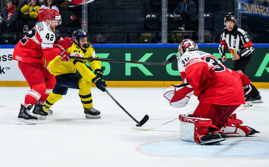 Phillip Bruggisser and goaltender Mads Søgaard of Denmark