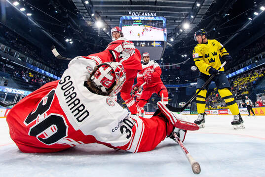 goaltender Mads Søgaard of Denmark and Lucas Raymond of