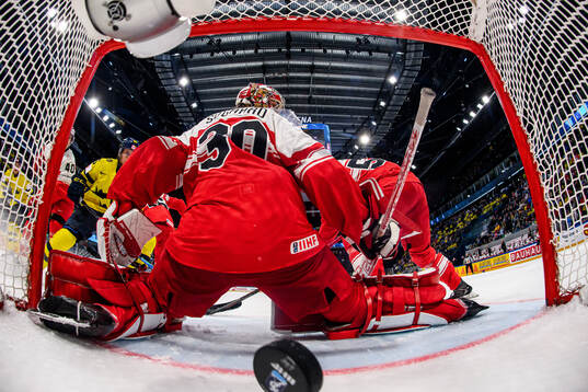goaltender Mads Søgaard of Denmark concedes 2-6 scored by