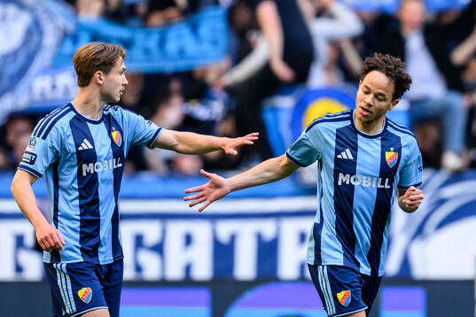 Djurgårdens Miro Tenho och Mikael Anderson jublar