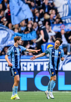 Djurgårdens Miro Tenho och Mikael Anderson jublar