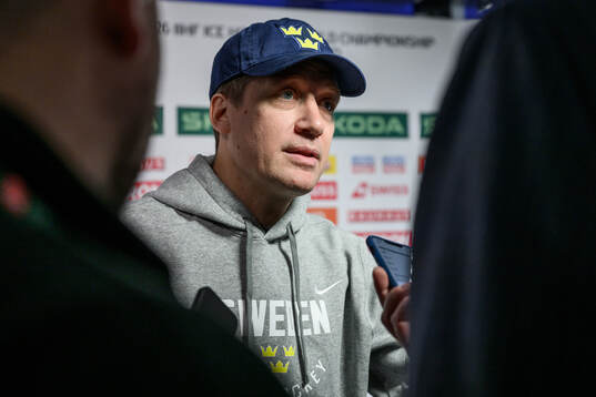 Head coach Sam Hallam of Sweden speaks to media