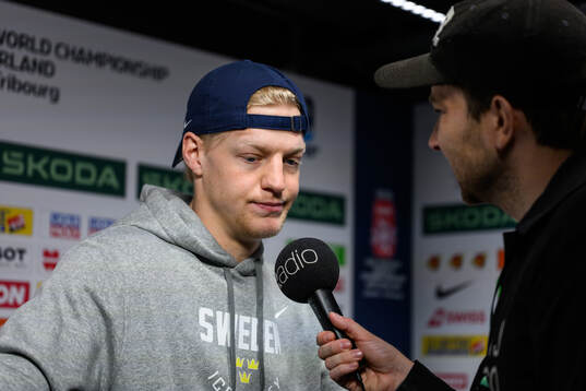 Emil Heineman of Sweden speaks to media