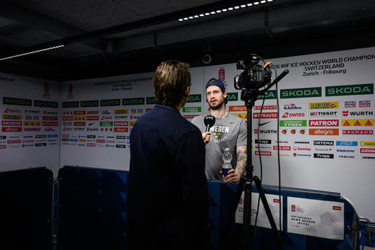 Oliver Ekman-Larsson of Sweden speaks to media