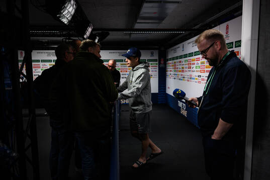 Head coach Sam Hallam of Sweden speaks to media