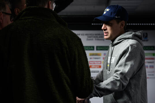 Head coach Sam Hallam of Sweden speaks to media