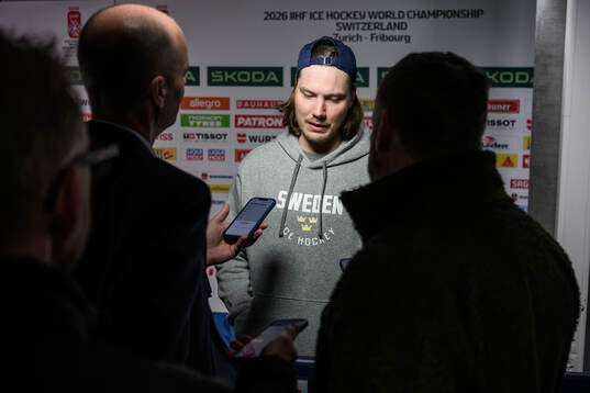 Oscar Sundqvist of Sweden speaks to media