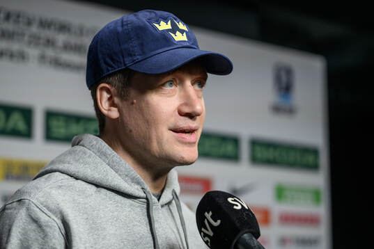 Head coach Sam Hallam of Sweden speaks to media