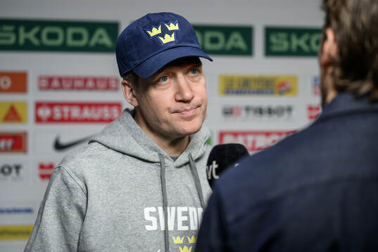 Head coach Sam Hallam of Sweden speaks to media