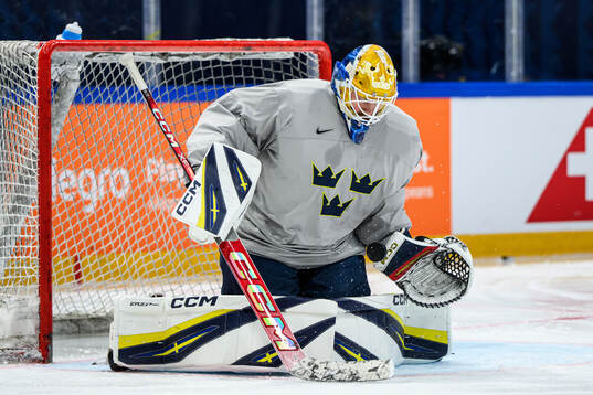 goaltender Arvid Söderblom of Sweden at a practice session
