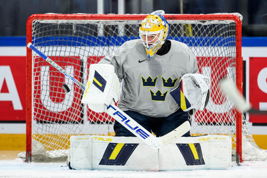 goaltender Arvid Söderblom of Sweden at a practice session