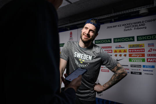 Oliver Ekman-Larsson of Sweden speaks to media