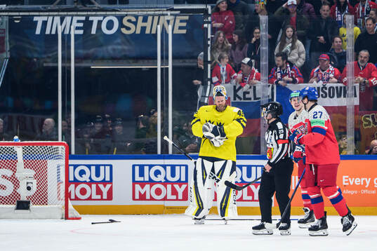 Goaltender Magnus Hellberg of Sweden in pain