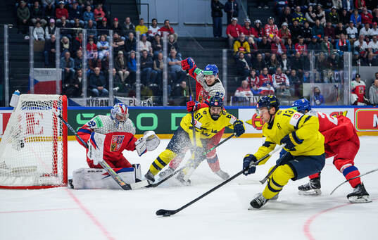 Viggo Björck and Lucas Raymond of Sweden against Marek