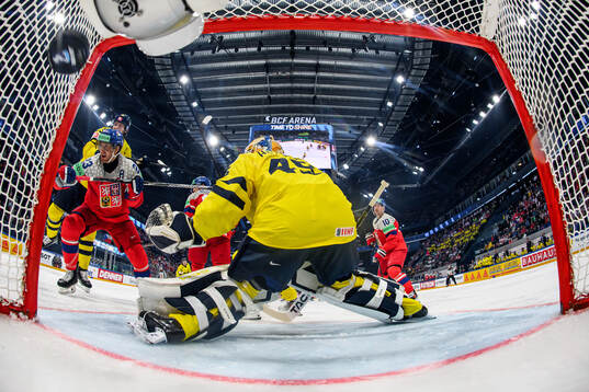 goaltender Magnus Hellberg of Sweden concedes the 0-1 goal