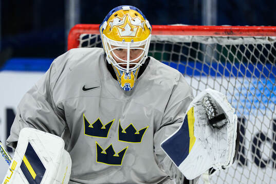 goaltender Arvid Söderblom of Sweden at a practice session