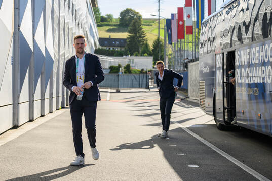 Joel Persson and Lucas Raymond of Sweden arrive at BCF Arena
