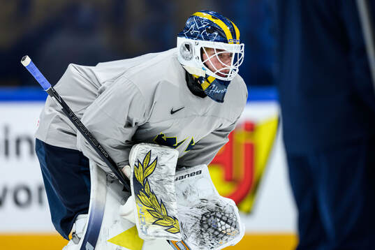 Goaltender Love Härenstam of Sweden at a practice session