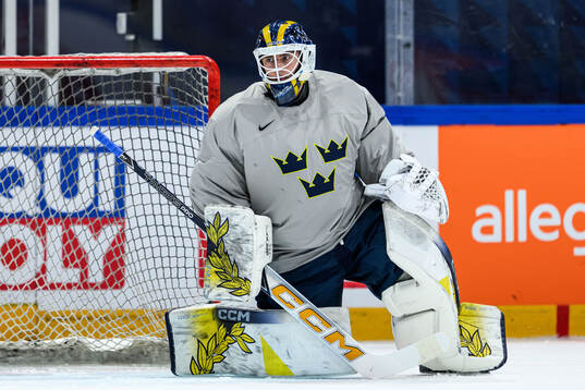 Goaltender Love Härenstam of Sweden at a practice session