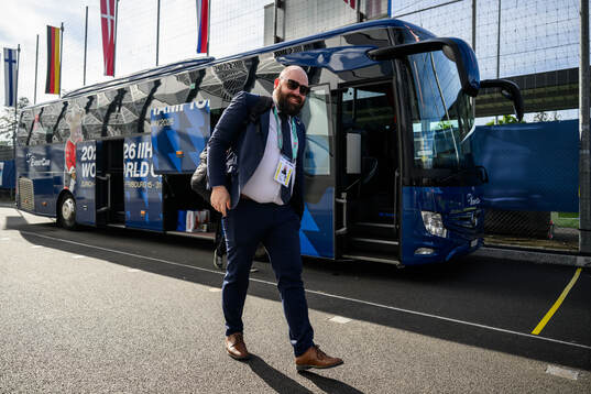 Media manager Gustaf Douhan of Sweden arrives at the arena