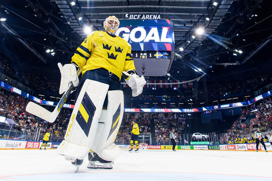 goaltender Arvid Söderblom of Sweden looks dejected