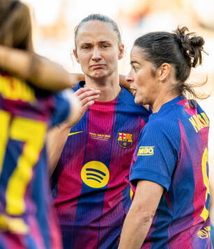 Caroline Graham Hansen and Marta Torrejon of Barcelona