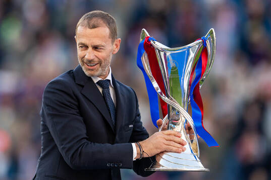 Aleksander Ceferin, president of UEFA, with the trophy