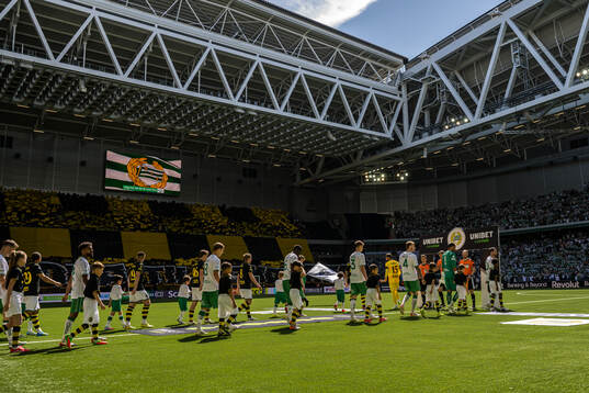 AIKs och Hammarbys spelare gör entré till fotbollsmatchen