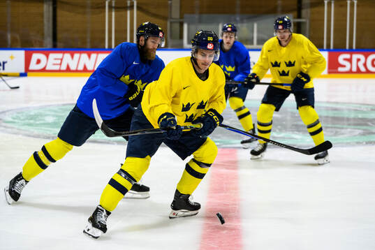 Mattias Ekholm and André Petersson of Sweden at a practice
