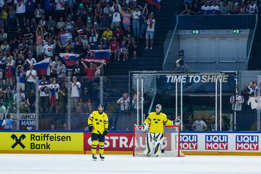 Mattias Ekholm and goaltender Magnus Hellberg of Sweden
