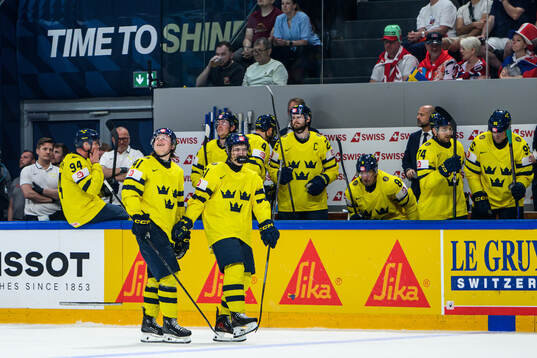 Ivar Stenberg and Viggo Björck of Sweden celebrate the 3-1
