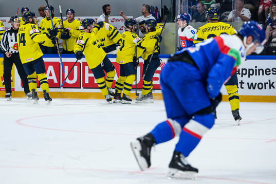 Ivar Stenberg and Viggo Björck of Sweden celebrate the 3-1